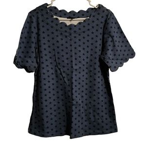 Napa Valley Blue Star Print Scalloped Neckline Short Sleeve Size PXL